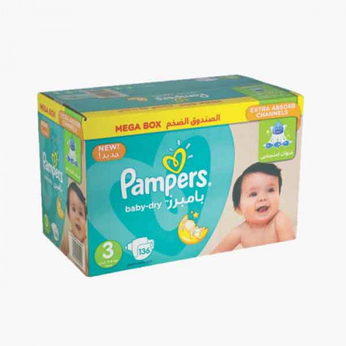 PAMPERS SAF S3 MEGA BOX MIDI 136'S بامبرز صندوق حفاضات اطفال بي اي S3 